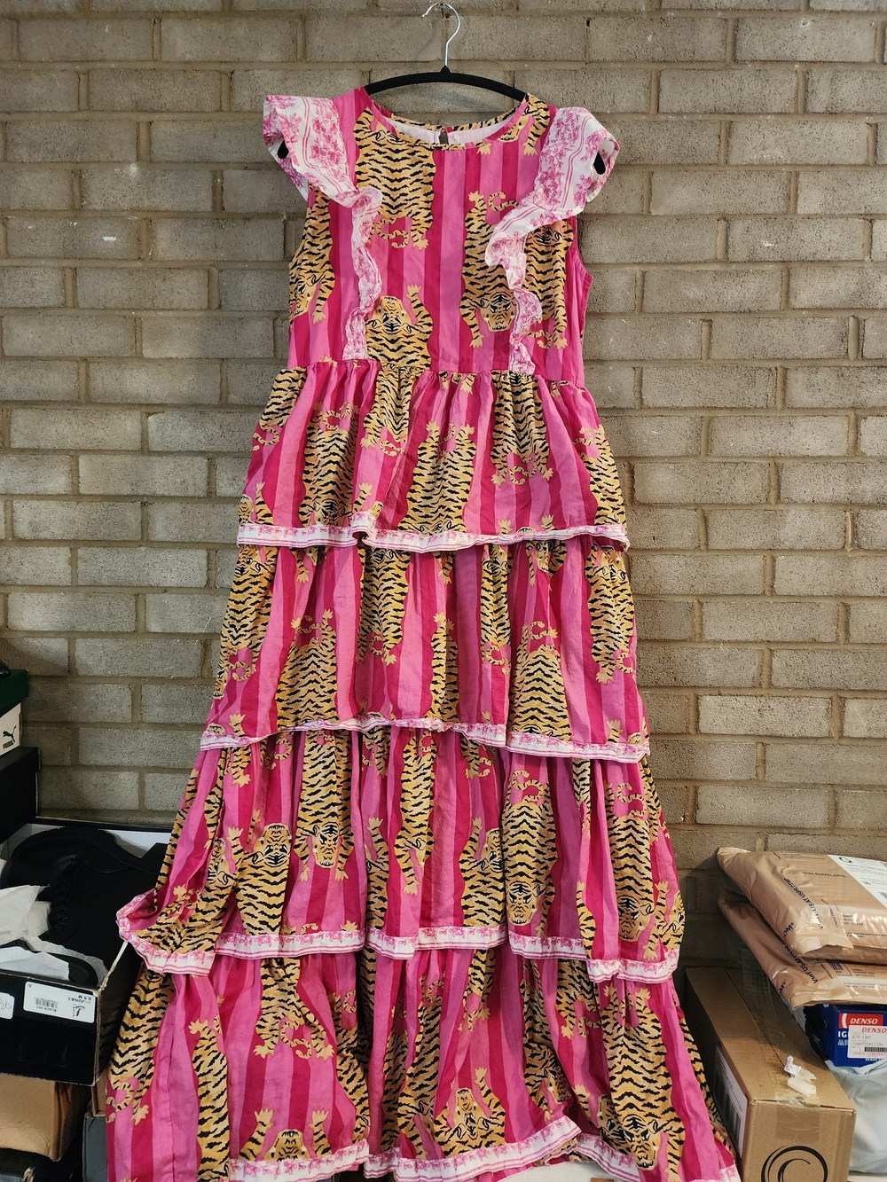 "Sweet Tiger Dress" Pink Tiger Print Tiered Maxi Dress